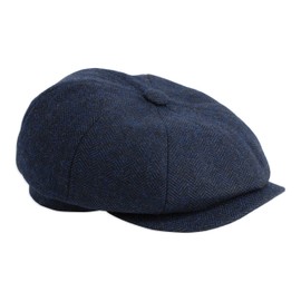 Gamble & Gunn Shelby' Flat Cap Navy Herringbone Vintage Style Baker Boy Cloth Hat Button Top - 55cm