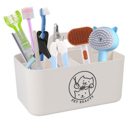 ZoeQide Pet Accessories Organiser with Handle - Portable Storage Box with 5 Compartments for Dog & Cat - Plastic Pet Care Organiser for Bathroom, Shelf & Living Room, White