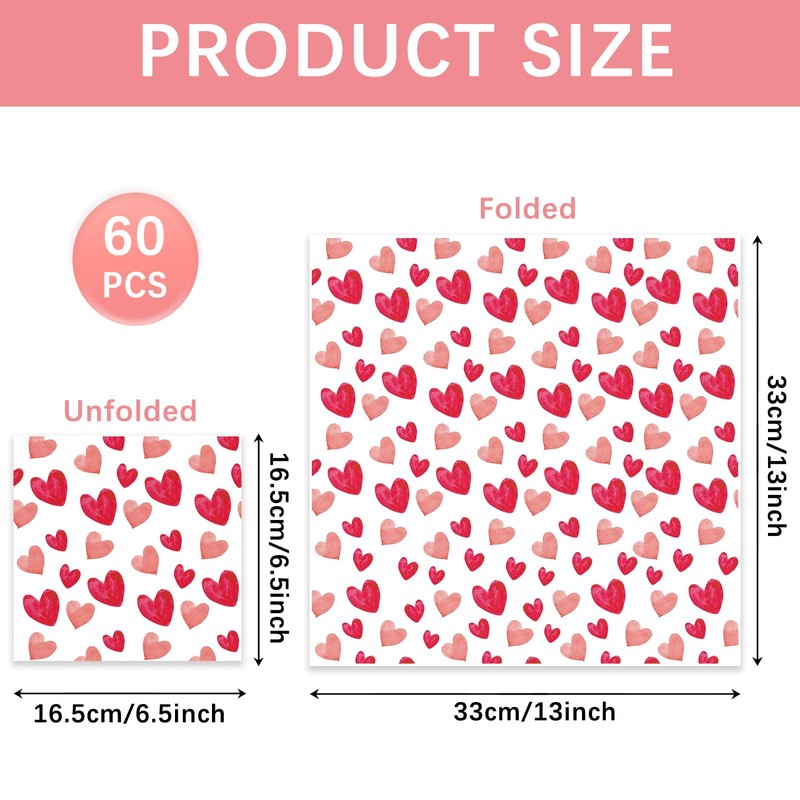 60 Pack Valentine's Day Napkins Paper, Pink Heart Napkins, 6.5