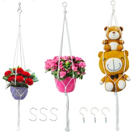 Macrame Plant Hangers Planter Flower Pots Holder 3 Pack Basket Stand Tassels with 6 Hooks Kit Cotton Rope for Decorative Indoor Outdoor Patio Garden Boho Home Décor (POTS NOT Included) (White)