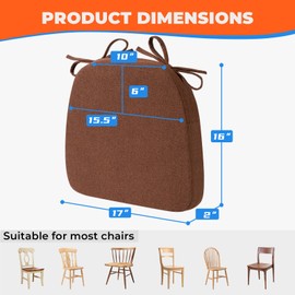 Sunsleek Chair Cushions for Dining Chairs, D-Shaped Seat Cushions with Removable Washable Cover and Ties, Chair Pads for Kitchen, Indoor Dining Room, Patio Chairs, 17'' x 16'', Set of 4, Brown