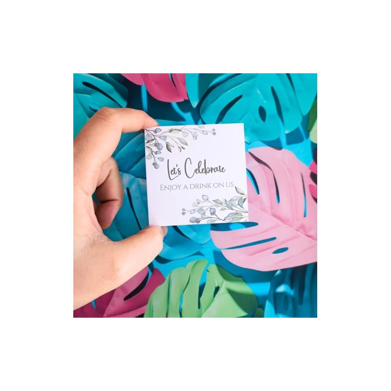 100 x Rustic Botanical 74mm Square Card Drink Tokens: Let's