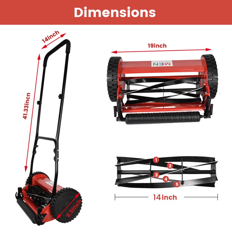 iMeshbean Manual Reel Lawn Mower 14 inch 5 Blades Adjustable