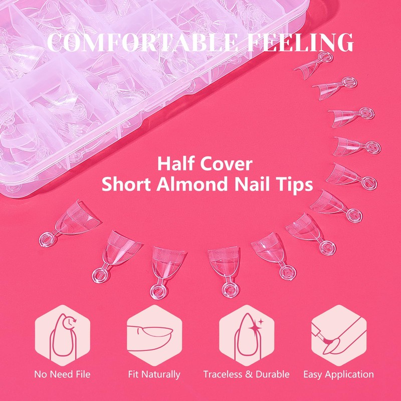 LIONVISON Short Almond Nail Tips Half Cover, 600PCS Extra Short