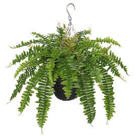Hollyone Artificial Fern Hanging Basket Plant 25" Boston Ferns 31 Leaves Greenery Plants with Rattan Pot for Outdoors & Indoor Fake Fern Bush Plant in Pot for Patio Entrance Porch Garden Decor Green