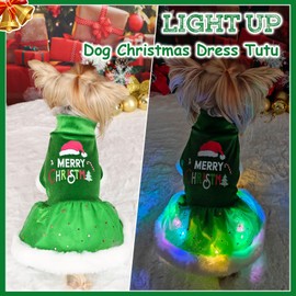 Dog Christmas Sweater Dress, LED Light Pet Christmas Outfit, Pet Clothes for Small Dogs Girl, Lightweight Velvet Puppy Dresses, Puppy Cat Apparel (Medium, Green)