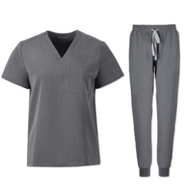PuriPure Scrubs for Women Set Nurse Uniform Scrubs 4 Way Stretch V-Neck Scrub Top & Jogger Pant with 6 Pockets Scrubs Set (Grey, Small)