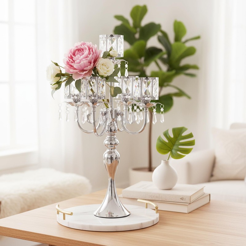 Silver Candelabra Table Centerpieces: 5 Arm Crystal Pendant Candle Holders