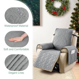 Recliner Chair Cover, Waterproof Armchair Cover for Recliner Chair with Pocket, Non Slip Recliner Chair Covers for Electric Chair, Furniture Protector for Kids, Pets, Food (Grey, 28IN Width)