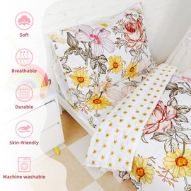 HNHUAMING Toddler Bedding Set for Girls, 4 Piece Toddler Comforter Bed Sets, Ultra Soft Breathable Boho Kids Bed Set with Flat Top Sheet, Quilted Comforter, Fitted Sheet and Pillowcases, Floral