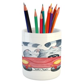 Lunarable Cars Pencil Pen Holder, Romantic Cat Couple in a Just Married Car with XoXo Valentine's Day Theme Watercolors, Printed Ceramic Pencil Pen Holder for Desk Office Accessory, Multicolor