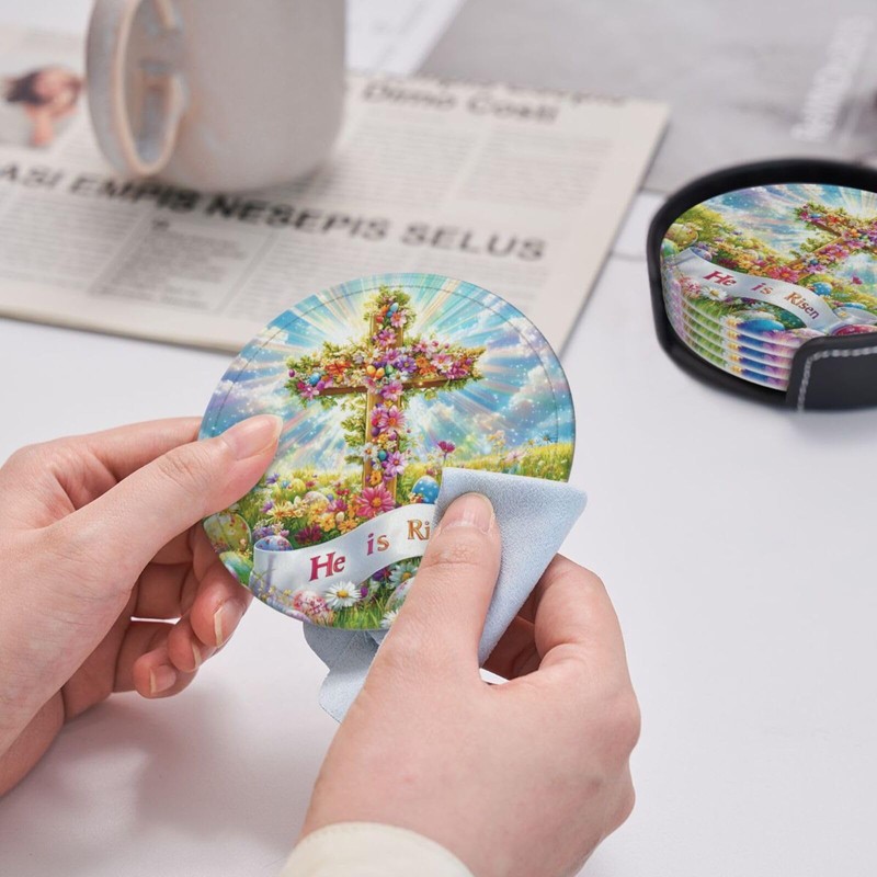 Coasters for Drinks with Holder Easter Rabbits Leather Coasters 6
