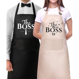 Genrics Couple Aprons for Cooking-The Boss The Real Boss Apron Set Funny Adjustable Baking Aprons His and Her Engagement Anniversary Wedding Valentines Day Bridal Shower Gift