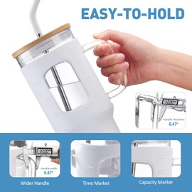 WINSA Glass Tumbler with Straw and Lid, 40 oz glass cup with handle, Glass Water Bottles with Time Marker, Silicone Protective Sleeve-White