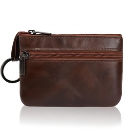 NICECONE Leather Coin Purse for Men, 10.5x7.5cm Mini Wallet with 2 Zipper Pockets (Cash/Cards) & Key Ring, Compact Money Pouch for Change, Keys, Credit Cards, Gifts for Men Dad (Dark Brown)