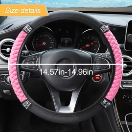 Bling Soft Leather Steering Wheel Cover, 15 Inch Colorful Rhinestones Auto Elastic Steering Wheel Protector, Sparkly Crystal Diamond for Women Girls, Car Accessories for Most Cars (Pink)