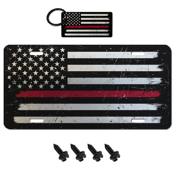Red Line American Flag Novelty License Plate, Matching Keychain and