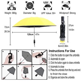 WULUN Automatic folding umbrella, reverse folding umbrella, reinforced 10 ribs, windproof umbrella, multi-layer UV protection, folding diameter 49.2 inches, yellow