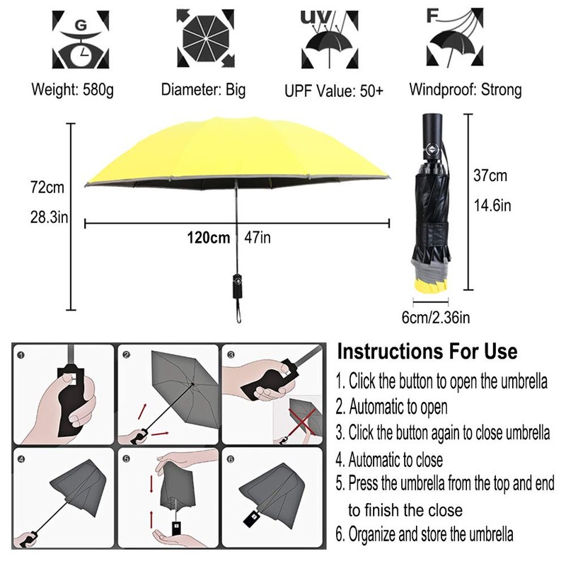 WULUN Automatic folding umbrella, reverse folding umbrella, reinforced 10 ribs,