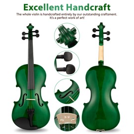 Poseidon Violin for Beginner, Full Size Violin Set for Kids Student with Hard Case, Extra 4/4 Strings Set, Violin Bow, Horse Bridges, Rosin, Shoulder Rest, Clip-on Tuner, Manual - Green Glossy Antique