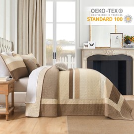 Finlonte 100% Cotton 120"x120" California King Bedspread, Cal Oversized King Bedspread Coverlet Extra Large Quilt Set, Stripe Farmhouse Quilted Bed Spread Lightweight Comforter, Brown/Beige, 3 pcs