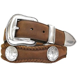 Walking Liberty Coin Conchos Western Belt Crazy Horse Scalloped Genuine Leather Belt 1-1/2"(38mm) Wide (Brown,36)