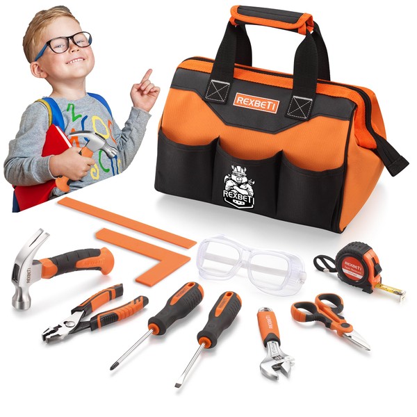 REXBETI 10-Piece Kids Tool Set with Real Hand Tools, Orange Durable Storage Bag, Children Learning Tool Kit for Home DIY and Woodworking