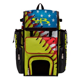 Boombah Superpack Bat Bag - Backpack Version (no wheels) - Holds 4 Bats - USA Softball Classic Optic Yellow/Royal Blue/Red