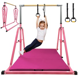 Peakpath Gymnastics kip Bar with Mat,Height Adjustable 3' to 5' and Foldable Gymnastic Equipment for Kids Junior Ages 3-15, Ideal for Indoor and Home Training