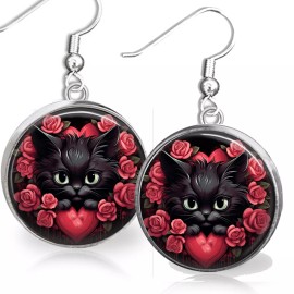 the fun things Black Cat Earrings Hot Pink Boho Roses Cat Lover Gift