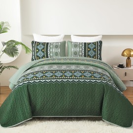 WONGS BEDDING Green Quilt Set Queen Size,3 Pieces Boho Bedspread Coverlet Set,Soft Bohemian Bedding Set King for All Season 104"×90"