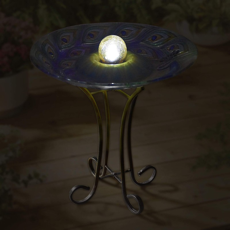 Hi-Line Gift 78415-F Solar Orb Peacock Glass Bird Bath with