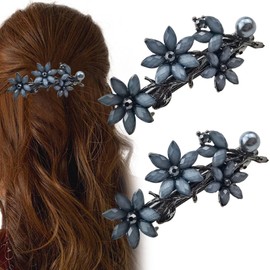 2 PACK Rhinestone Hair Clips Barrettes for Women, Ink-Blue Vintage Rhinestone Hair Clips Sparkly Crystal Clips Flower Small Hair Barrettes Fancy Wedding Hair Accessories for Women Girls Bridal