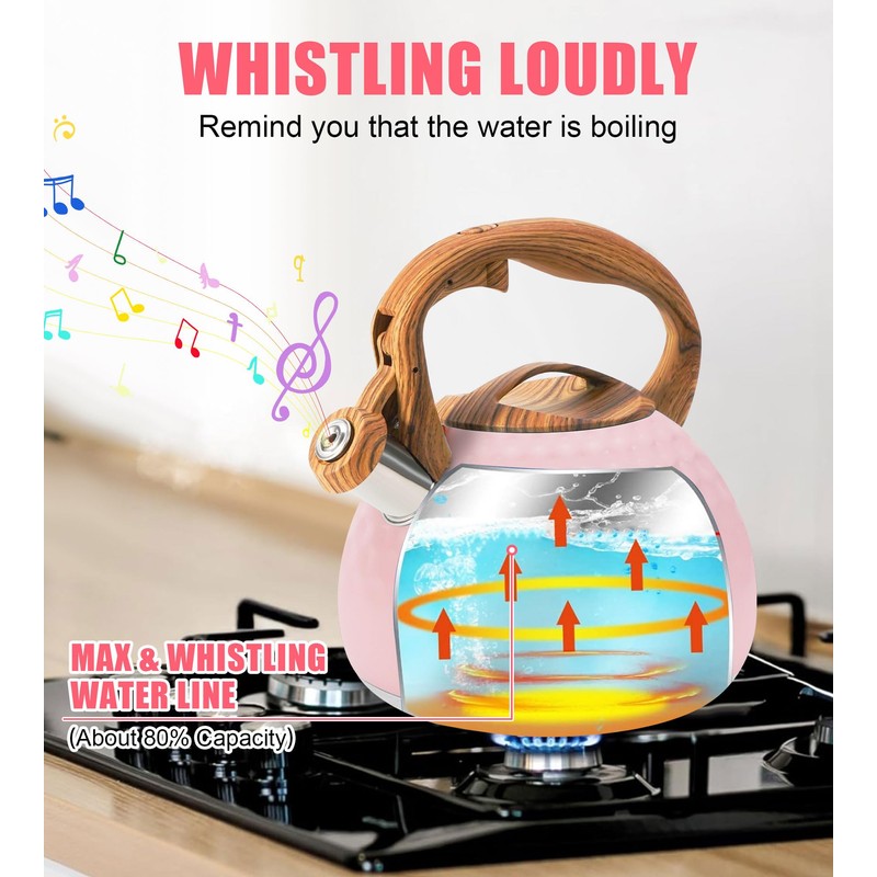 Foedo 3.2Qt Stainless Steel Whistling Tea Kettle Stovetop, Pink