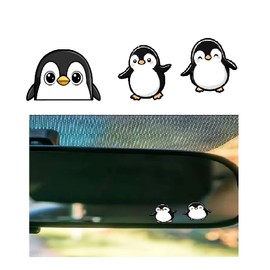 3PC Cute Penguins Rearview Mirror Sticker Decal, Mirror Sticker with Peeking Anime Penguins, Transparent Weatherproof Vinyl Sticker for Women, Girls (3 Penguins)