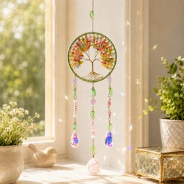 Tree of Life Crystal Suncatcher with Rose Quartz, Crystal Decor for Home