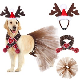Huhumy 3 Pcs Christmas Dog Costume Set Including Reindeer Antlers Headband Christmas Dog Tutu Dress Cute Tutu Pet Scarf for Medium Dogs Xmas Holiday Party Supplies Outfit Accessory (Brown,Reindeer)
