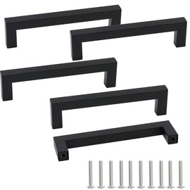 Drenky 5 Pcs Black Kitchen Handles - Stainless Steel Square T Bar Cabinet Handles, 128mm with Screw