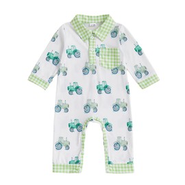 Infant Fall Outfit Newborn Baby Boy One Piece Clothes Polo Collar Farm Tractor Long Sleeve Romper Jumpsuit (Green, 12-18 Months)