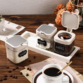 Suclain 3 Pcs Glass Coffee Containers Coffee Station Organizer Set, Airtight Bean Storage Jars with Shelf,labels,spoon, Base and Pen,for Sugar, Candy, Oats, Nuts(White)