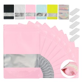 200 Pcs Mylar Bags for Food Storage 6x9 Mylar Bags with Window Holographic Stand Up Bags Resealable Bags for Food Smell Proof Bag Freeze Dried Candy Bags Jewelry Packaging Bags Pink Mylar Bags