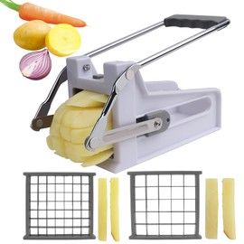 ANJUKE French Fries Cutter with 2 Stainless Steel Blades, Potato Cutter for Cutting Potatoes, Carrots, Cucumbers & Onions, Non-Slip Base, Durable Plastic Design, Grey & White
