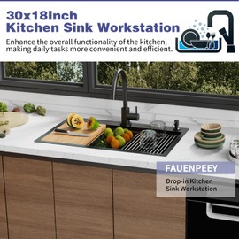 Black Kitchen Sink Workstation,30"x18" Stainless Steel Drop In Single Bowl Sink Built-in Ledge Workstation Sink Design For Placing/Sliding Accessories-Cutting Board And Drying Rack,Colander