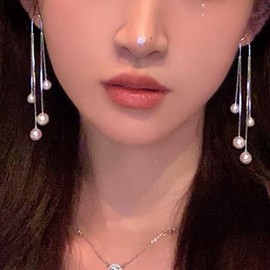 Long Tassel Pearl Dangle Earrings Dainty Rhinestone Tassel Earrings Pearl Drop Earrings Hypoallergenic Elegant Wedding Party Bridal Jewelry Gift for Women(s1)