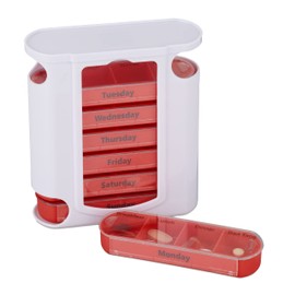 Relaxdays 7 Day Weekly Pill Box 4 Compartments English Pill Box with Sliding Lid White/Red