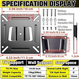Monitor Wall Mount for Most 14-24“ LED LCD TV or Computer，Small TV Mount RV Mount Bracket with 1 x Screw Kit，Max Load 33 lbs，Up to 100x100 VESA Wall Mount Fit for Home Camper Boat Trailer
