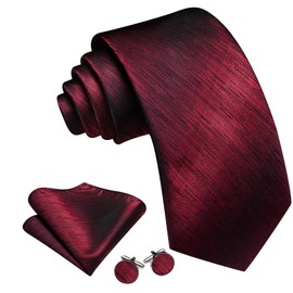 Barry.Wang Men Red Black Ties Plain Solid Color Handkerchief Cufflinks Necktie Set Formal Wedding Business