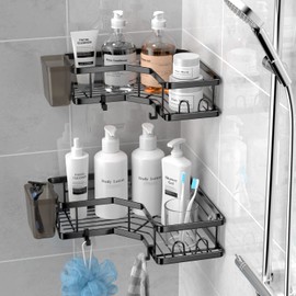 AKTECKE Corner Shower Caddy, 2 Pack Adhesive Shower Corner Organizer Shelves, No Drilling Stainless Steel Shower Storage Rack with Hooks&Toothpaste Holder for Bathroom Kitchen （for 90° Corners Only）