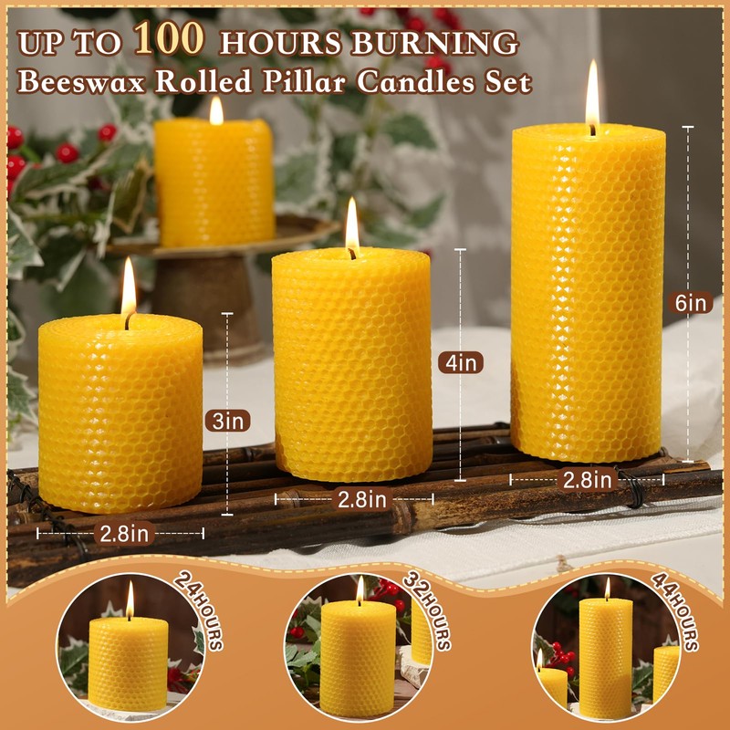 3 Pack Beeswax Pillar Candles Set,100 Hours All Natural Beeswax