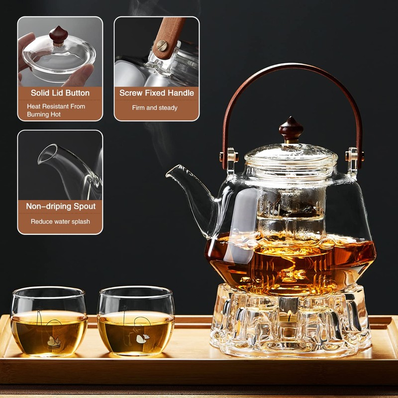 40oz Glass Teapot with Anti-Drip Spout, Peach Wood Handle and